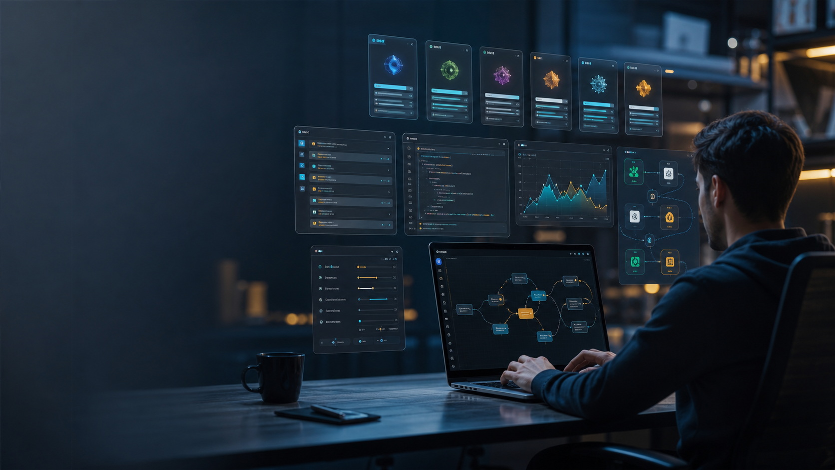 AI model comparison workspace with dashboards and prompt testing panels